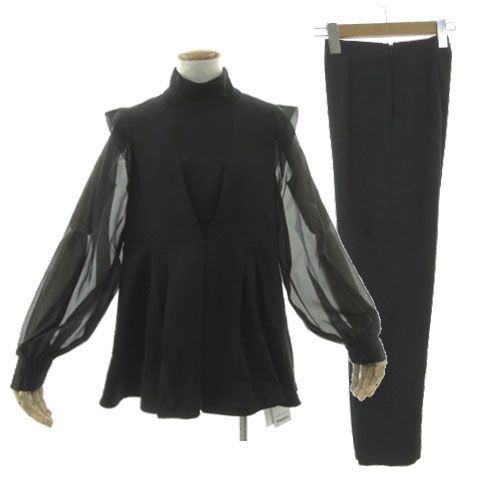ルイルエブティック RUIRUE BOUTIQUE オーガンジースリーブタックフ トップス＆シークレットゴム スリムテーパードパンツ PA1322 ブラック 黒 M