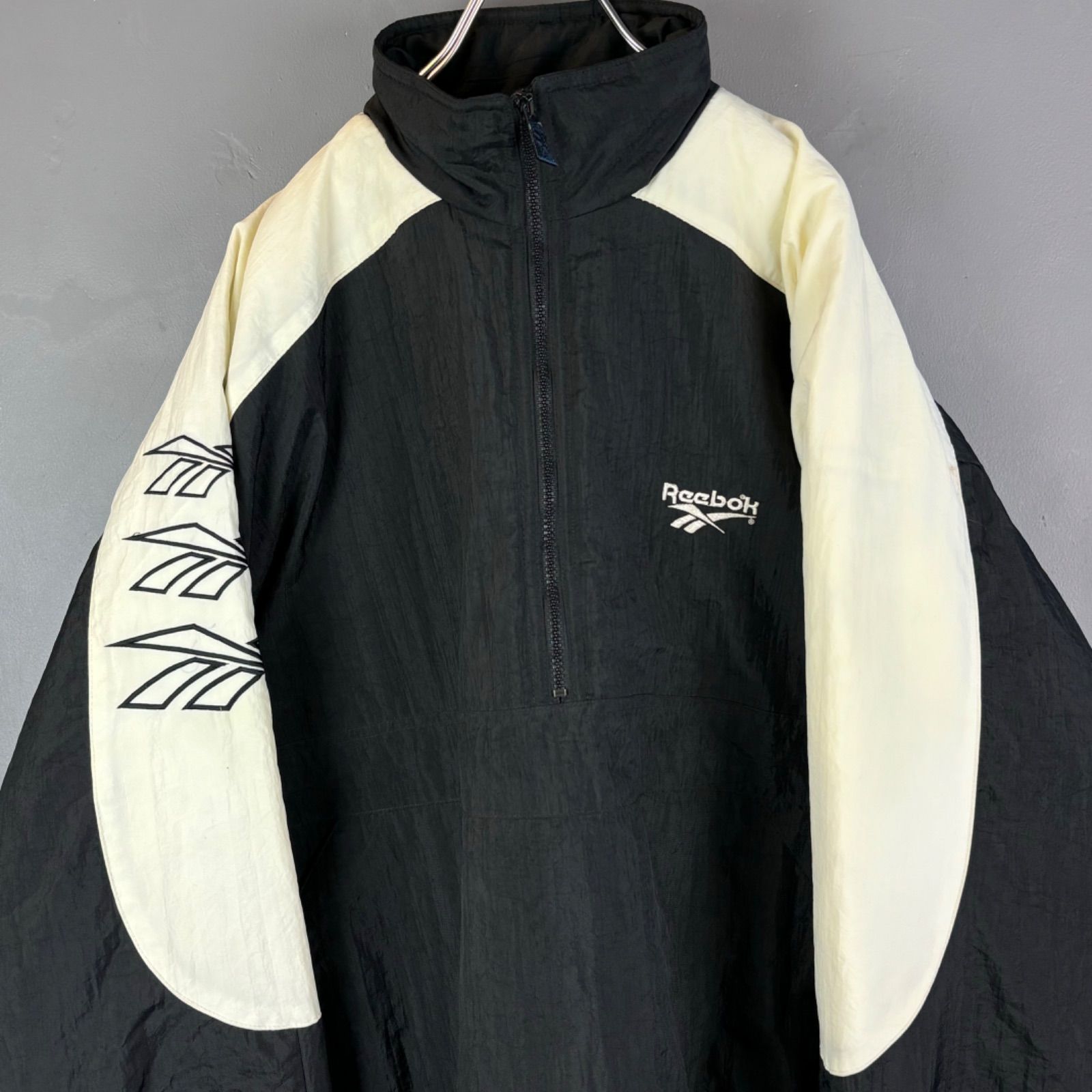90s Reebok Nylon Logo Embroidery Down Jacket Half Zip Black 