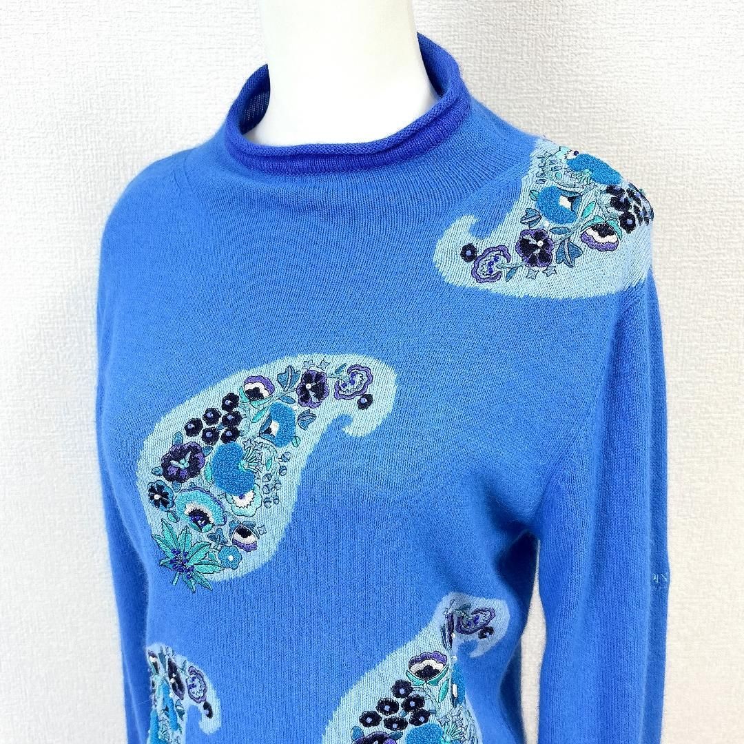 LEONARD 長袖ハイネックニット アンゴラ混 L ブルー ペイズリー柄