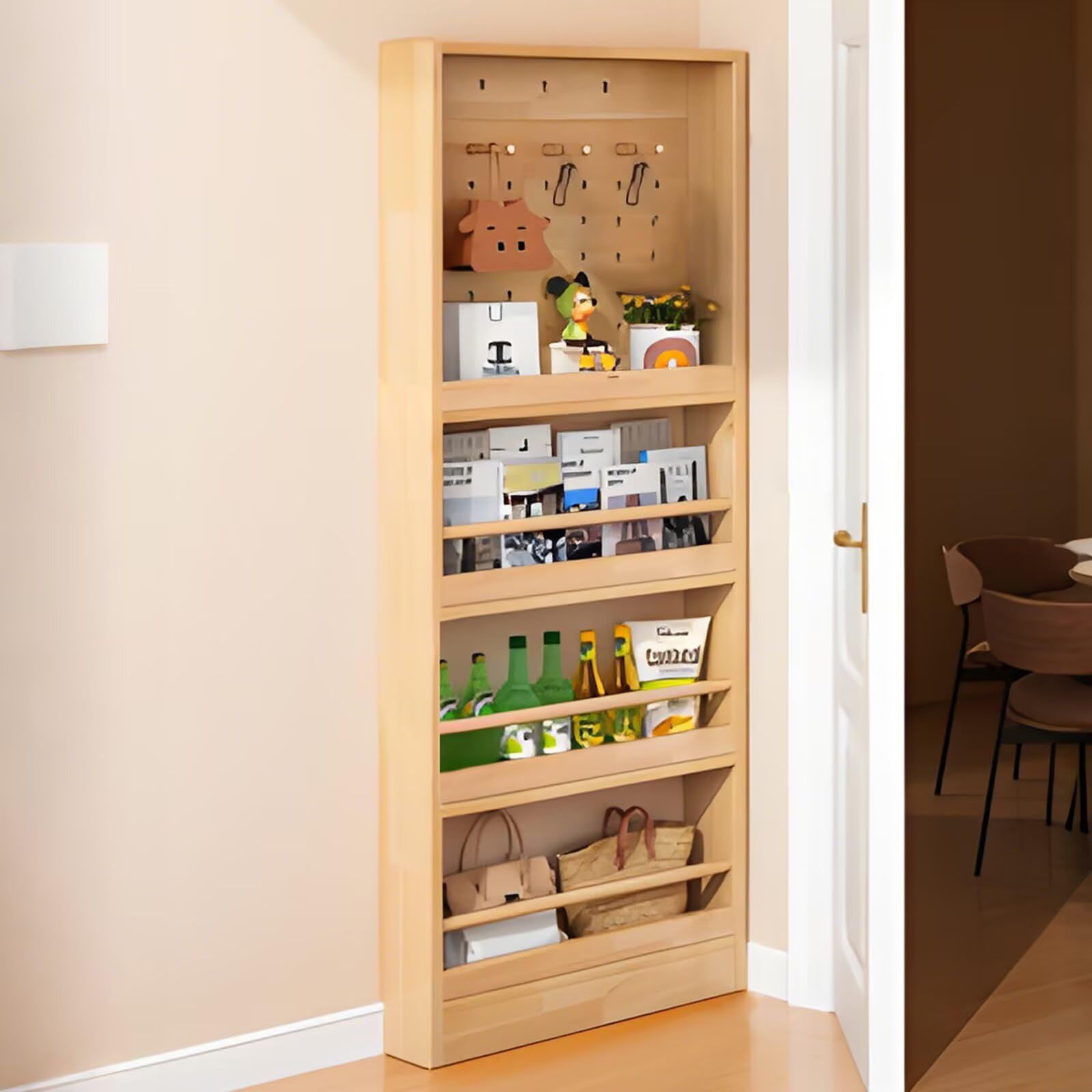 大 棚ラック木製 壁面収納 ドアの後ろ 壁掛け棚 有孔ボード付き 省スペース 薄型 キッチン バスルーム 玄関 リービング リビングルーム 本棚 木目 幅50×奥行10×高さ178cm