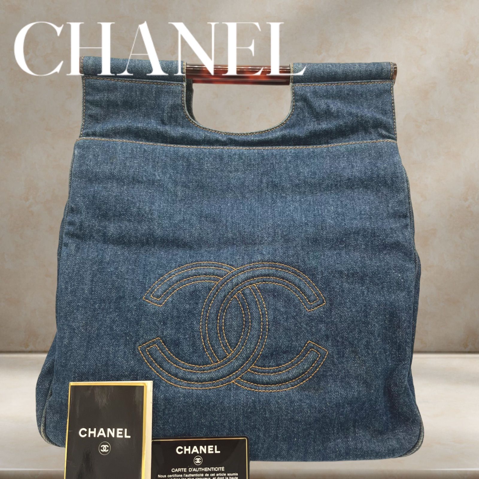 CHANEL 4番台(1997年Vintage) べっ甲ハンドル ハンドバッグ デニムバッグシャネルシャネルロゴ ココマーク