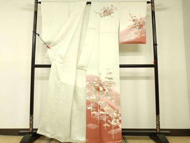 極上　訪問着　友禅　風景草花文　暈し染め　正絹　逸品 平和屋着物○訪問着 友禅 手描き 松竹梅風景花文 暈し染め 金彩