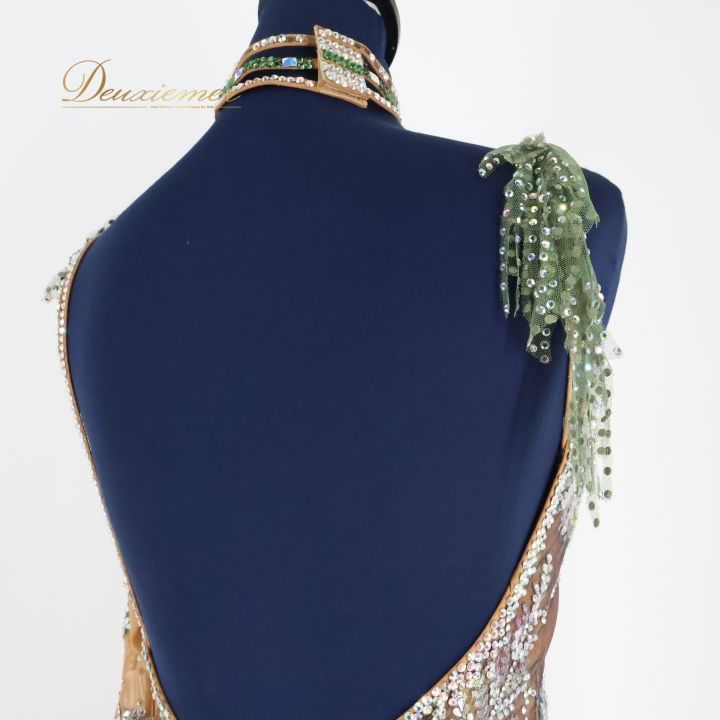 社交ダンス 衣装 ドレス ドレス ワンピース 緑 フロート レース 柄 模様 デモ 競技 珍しい パーティ 発表会 グリーン系 ベージュ系 カーキ系 エレガント 華やか 発表会用 演出用 感 女性用 ダンス衣装 競技会用 LLC-HASEGAWATOSO_COM