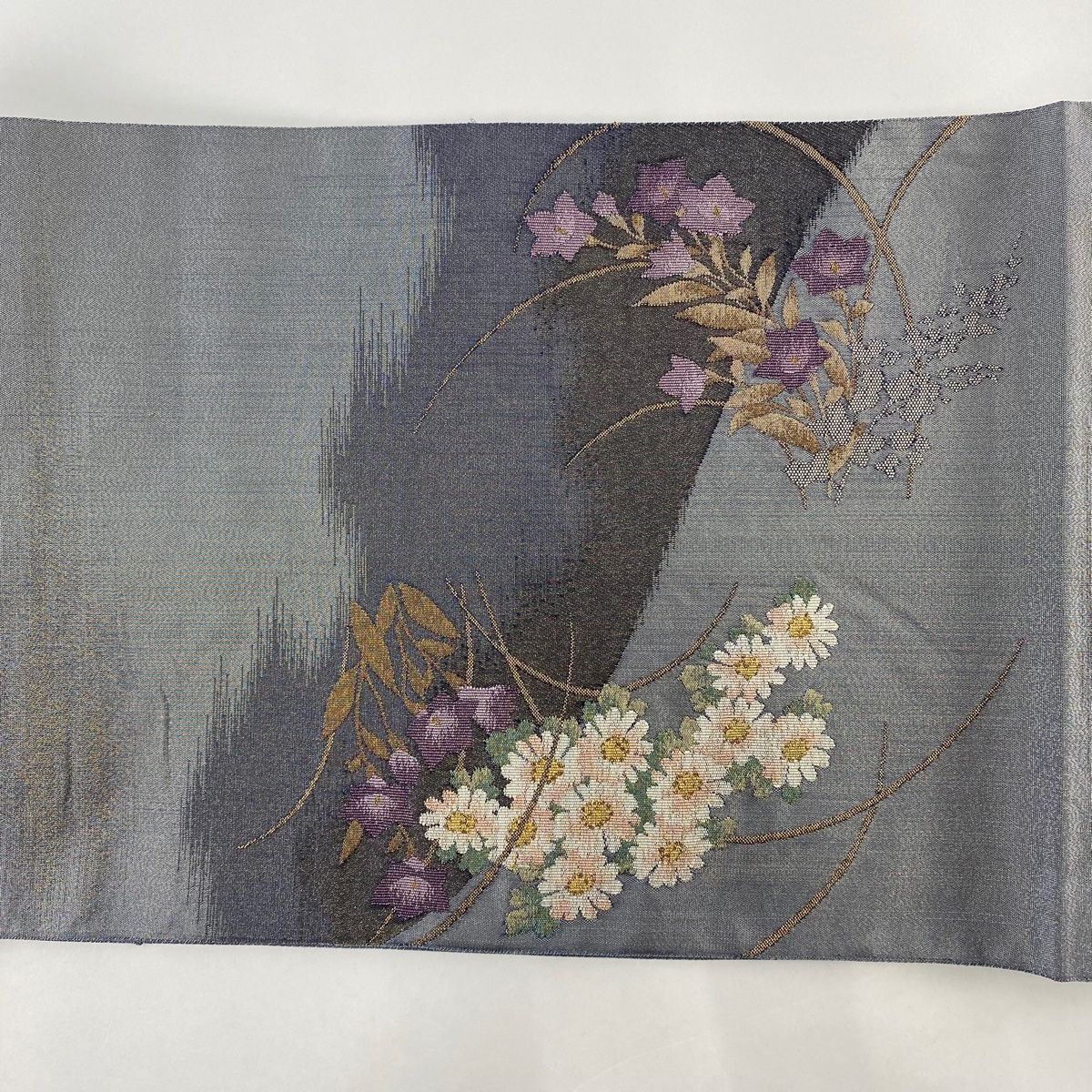 袋帯 美品 逸品 じゅらく 落款あり 帝王紫 菊 芝 金糸 箔 旨く 青紫 お太鼓