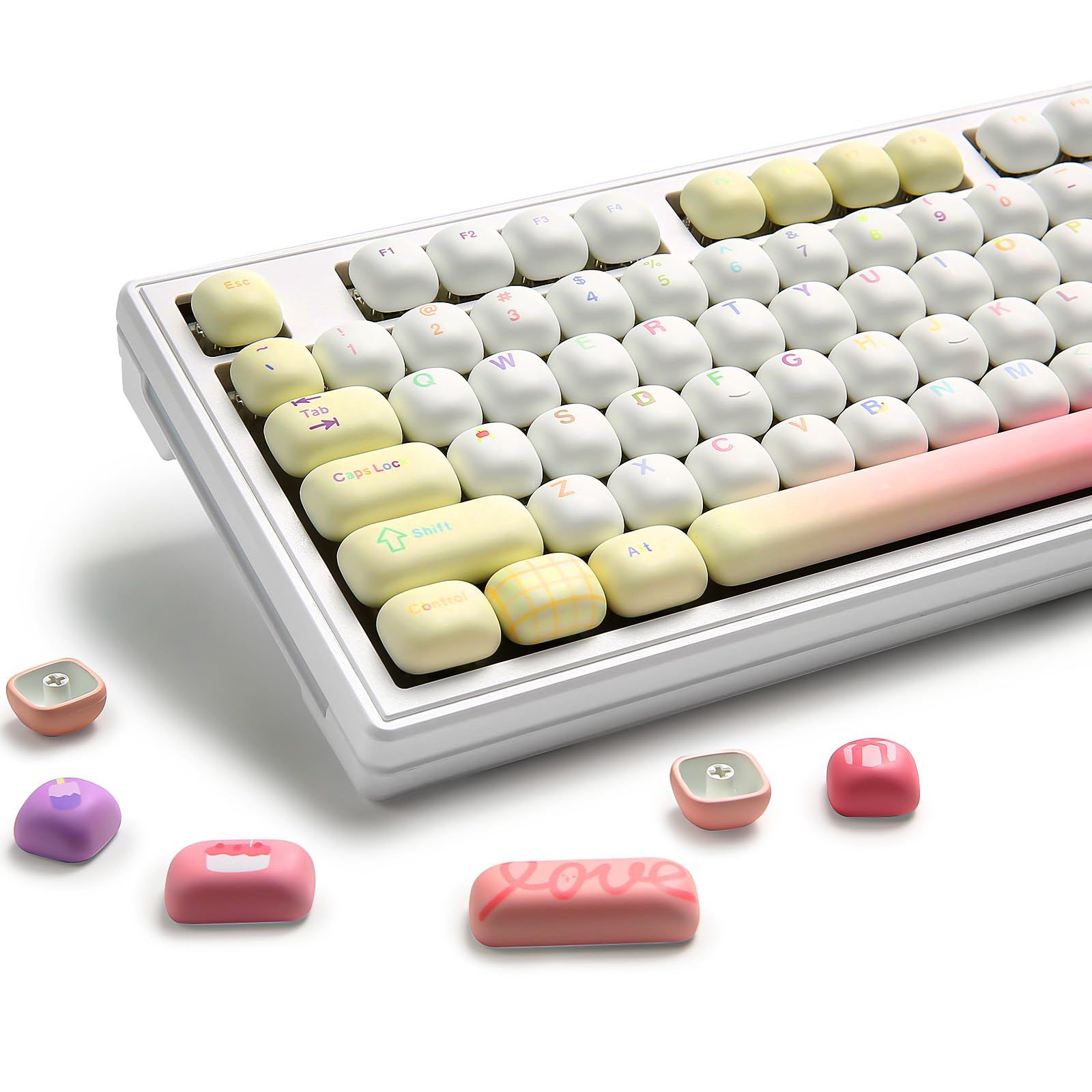 138キー セット PBT キーキャップ キーキャップ 昇華型 プロファイル メカニカルキーボード用 ゲーミングキーボード用 MOG 可愛いピンクアイスクリーム カスタムキーキャップ YUNZII 黄色い落書き