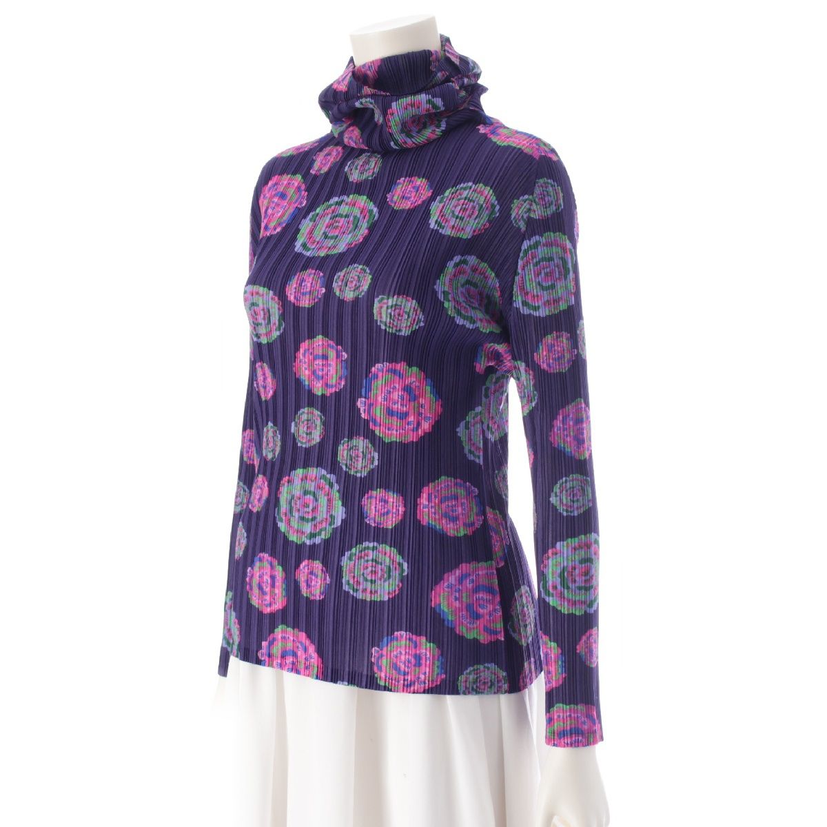 ME ISSEY MIYAKE プリーツカットソー　花柄　パープル プリーツプリーズ イッセイミヤケ ハイネック 花柄 フラワー