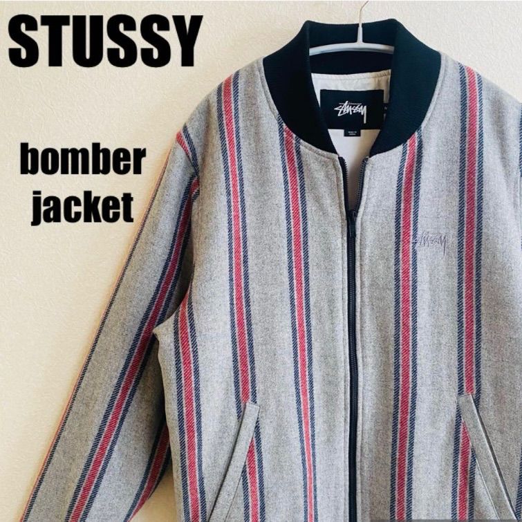 ステューシー STUSSY ボンバージャケット Bomber Jacket ボマージャケット 中綿ジャケット メンズ Mサイズ ウール ストライプ  刺繍ロゴ ストリート ユニセックス 株式会社ジャック
