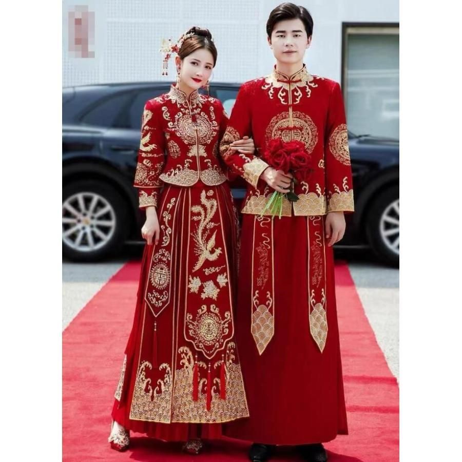 チャイナ風 花嫁衣装 レディース メンズ 中国風ウエディングドレス 中華服 上下2点セット 新郎 新婦 夫婦お揃い 中華服 チャイナ服 中国伝