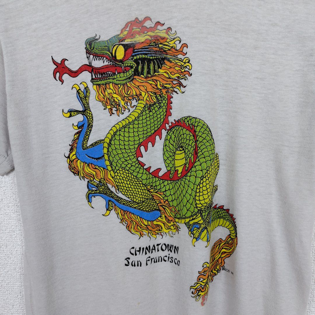 80s スーベニアTシャツ ドラゴン アートプリント ライトグレー メンズ  