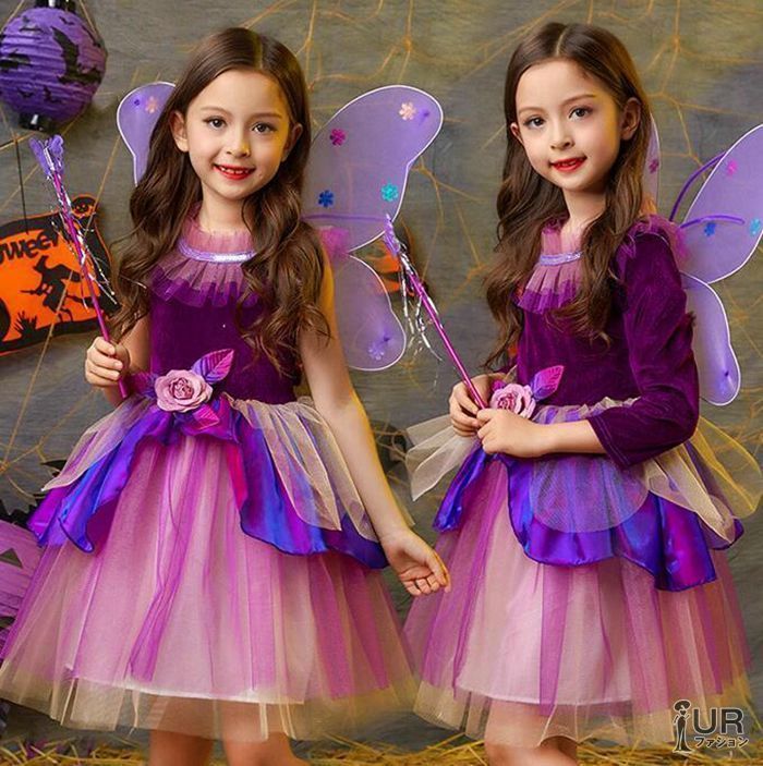ハロウィン 衣装 子供 女の子 蝶 精霊 ハロウィン衣装 2タイプ 2点セット 長袖 ノースリーブ フェアリー 妖精 コスプレ コスチューム キッズ仮装 子供用コスチューム 仮装衣装 翼 halloween14