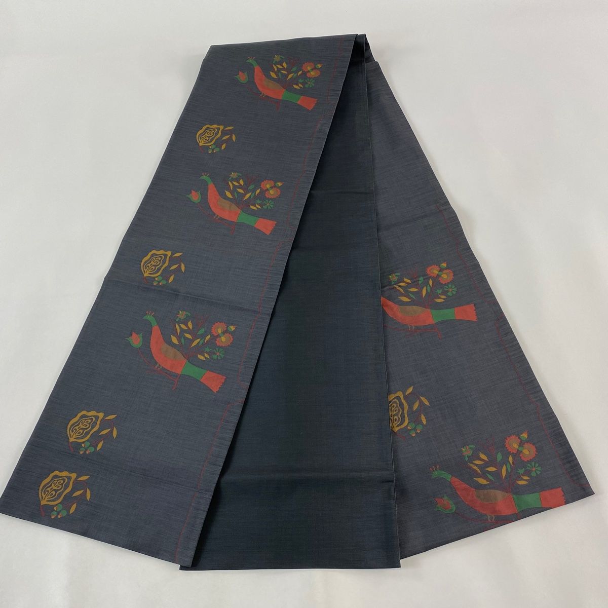 袋帯 美品 名品 木屋太 落款 紬地 鳥 草花 黒灰 六通 正絹