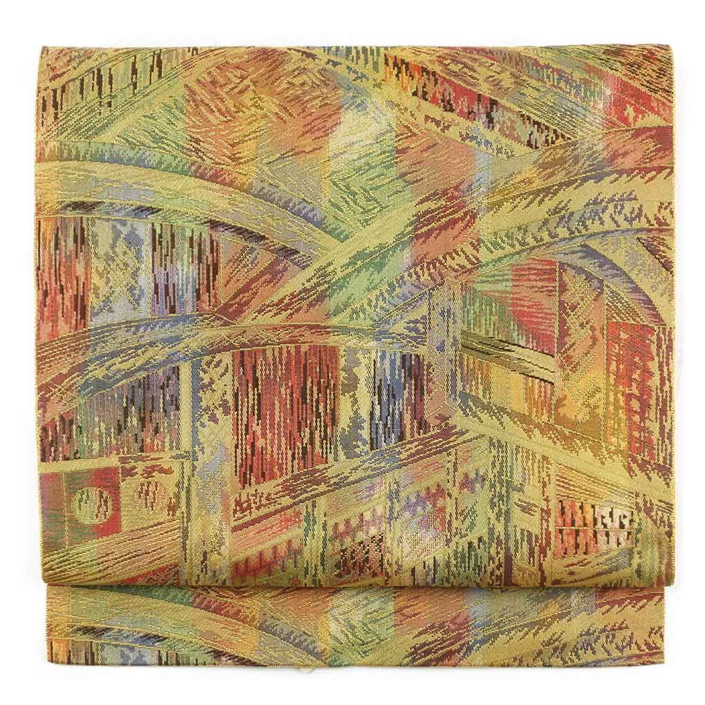 名古屋帯 幅31cm 長さ357cm レディース 抽象柄 秋冬春用 正絹 シルク イエロー リメイク リユース リサイクル 呉服のきくや