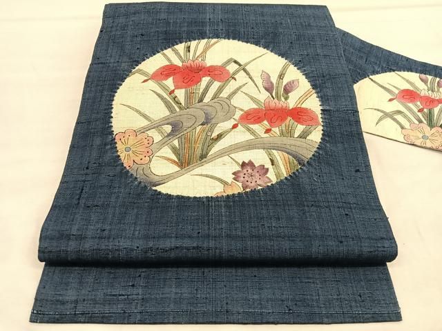 平和屋着物○九寸開き名古屋帯 紬地 型染め 幾何学文様 正絹 逸品