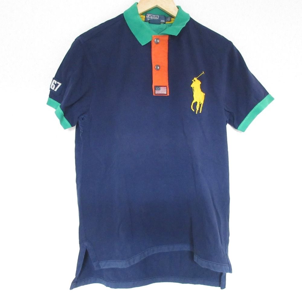 POLO by RALPH LAUREN ポロラルフローレン CUSTOM FIT 配色 ビッグポニー 半袖 ポロシャツ カットソー M ネイビー メンズ 古着