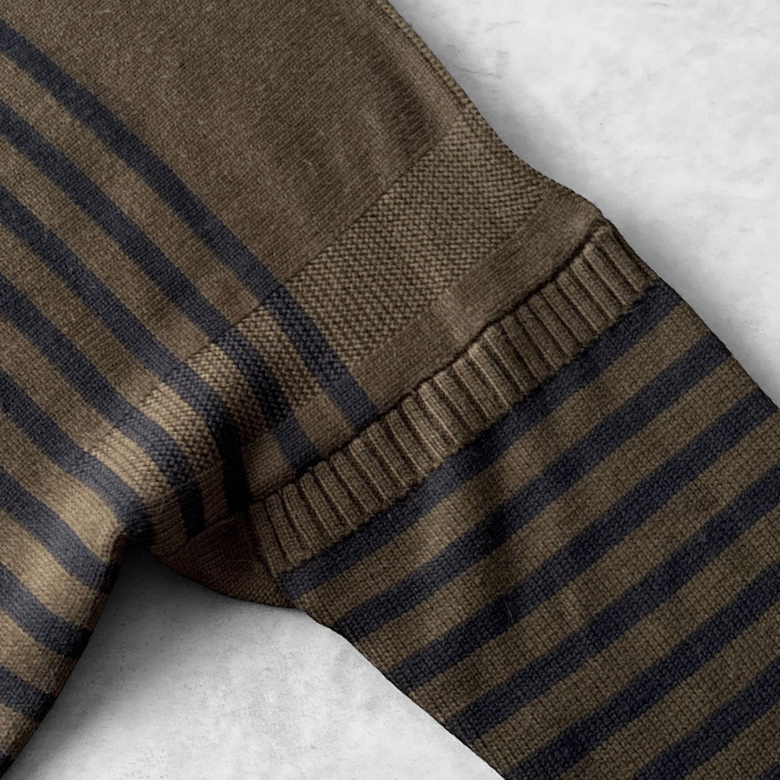  Le Tricoteur ル トリコチュール ウール ボーダー ガンジー ワイドシルエット ニット セーター ユニセックス 42 オリーブ 長袖 ドロップショルダー オーバーサイズ Bshop ビショップ 長袖 ニット セーター