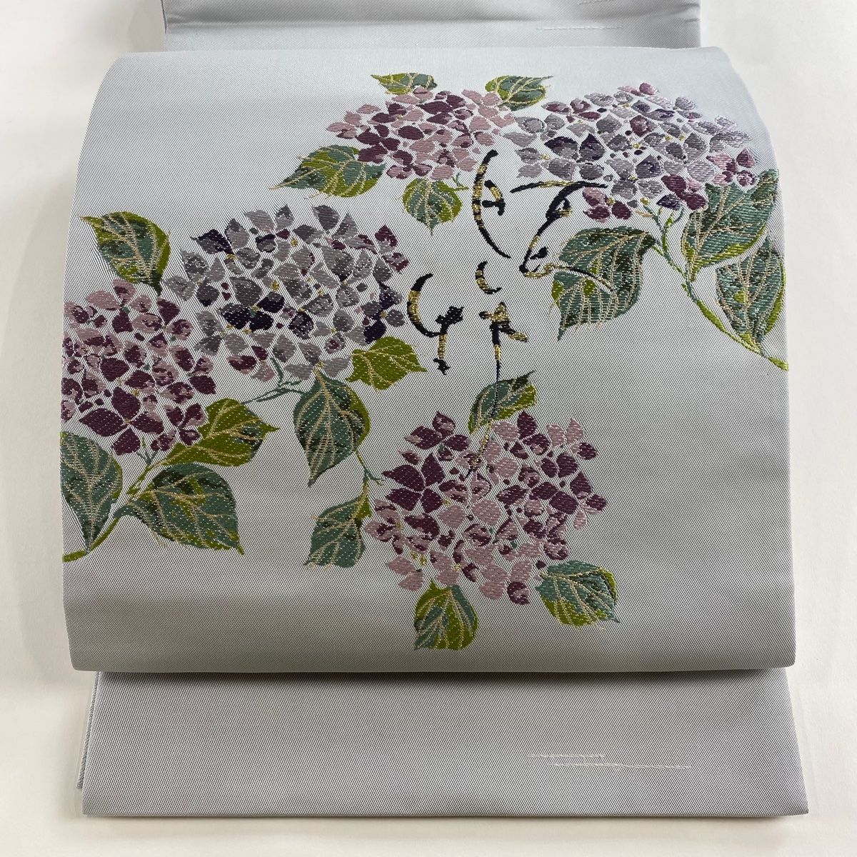 美品】 袋帯 名品 紫陽花 カタツムリ 金糸 青灰色 お太鼓柄 正絹 