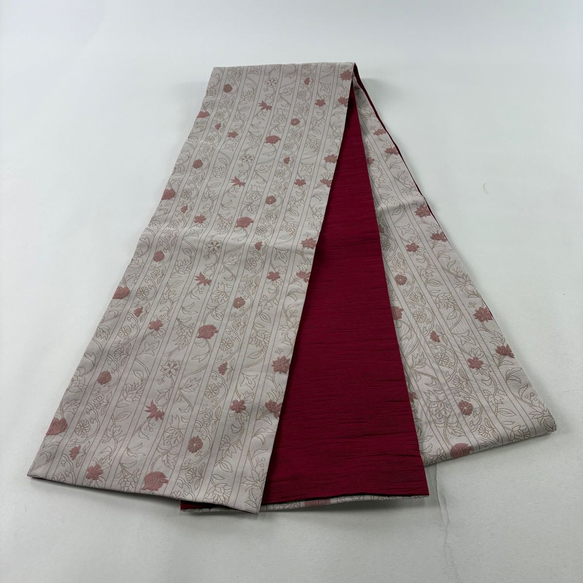 名古屋帯 美品 秀品 縞 花唐草 赤茶 正絹 中古