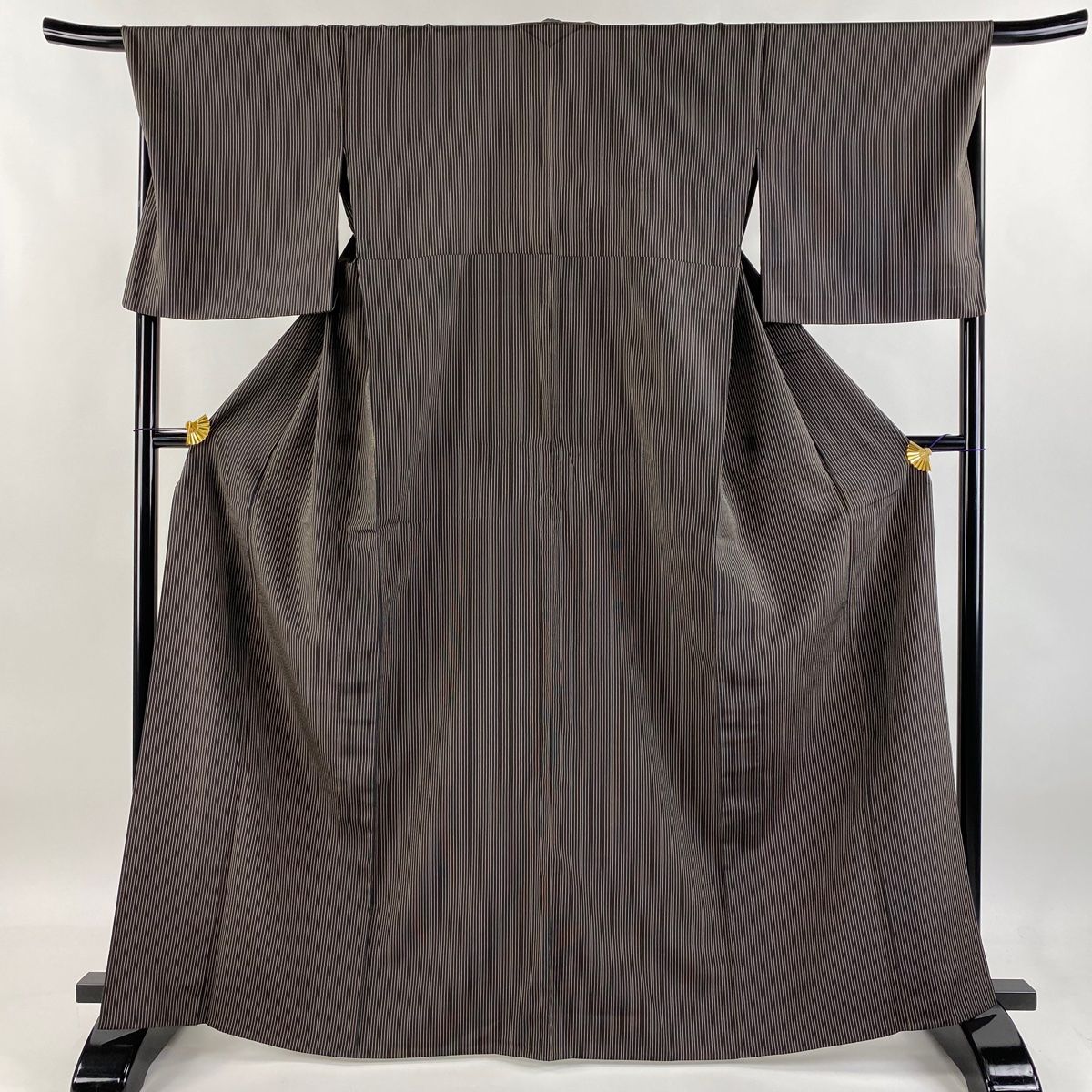 紬 身丈166cm 裄丈68.5cm L 単衣 縞 焦茶色 正絹 秀品