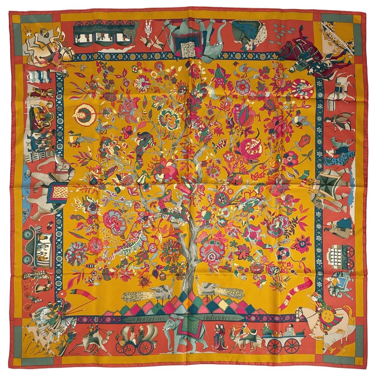 エルメス HERMES カレ 90 fantaisies indiennes 眩惑のインド スカーフ シルク オレンジ マルチカラー レディース