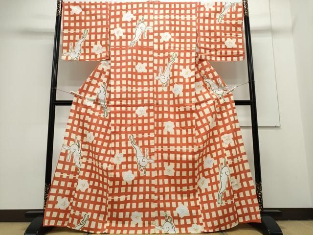 平和屋着物∴夏物 浴衣 花兎 格子柄 綿 CAAY4633ng