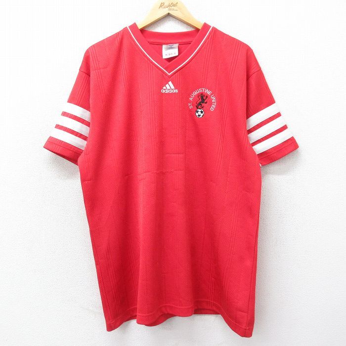 XL/古着 アディダス adidas 半袖 ビンテージ Tシャツ メンズ 90s ワンポイントロゴ サッカー 大きいサイズ Vネック 赤 レッド  3本ライン 24 - メルカリ