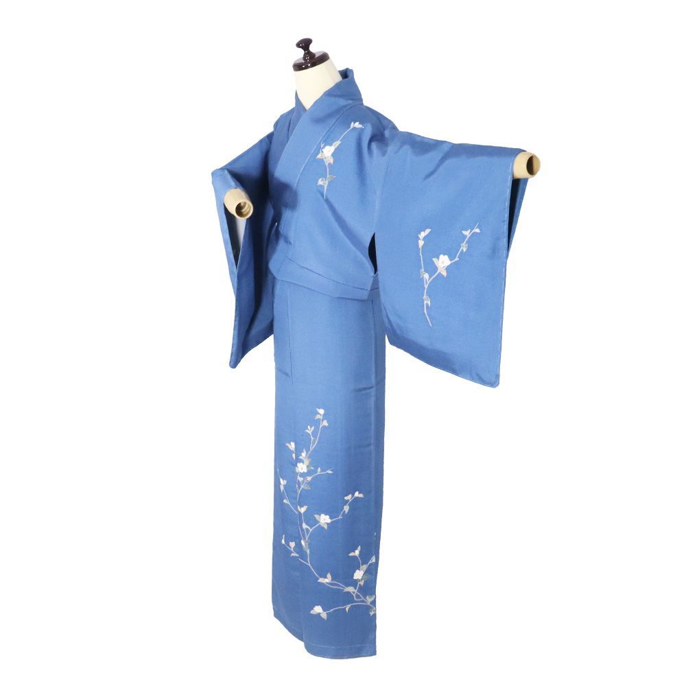 紬 訪問着 袷 正絹 紺 桜 Sサイズ ki30945 未使用品 お洒落訪問