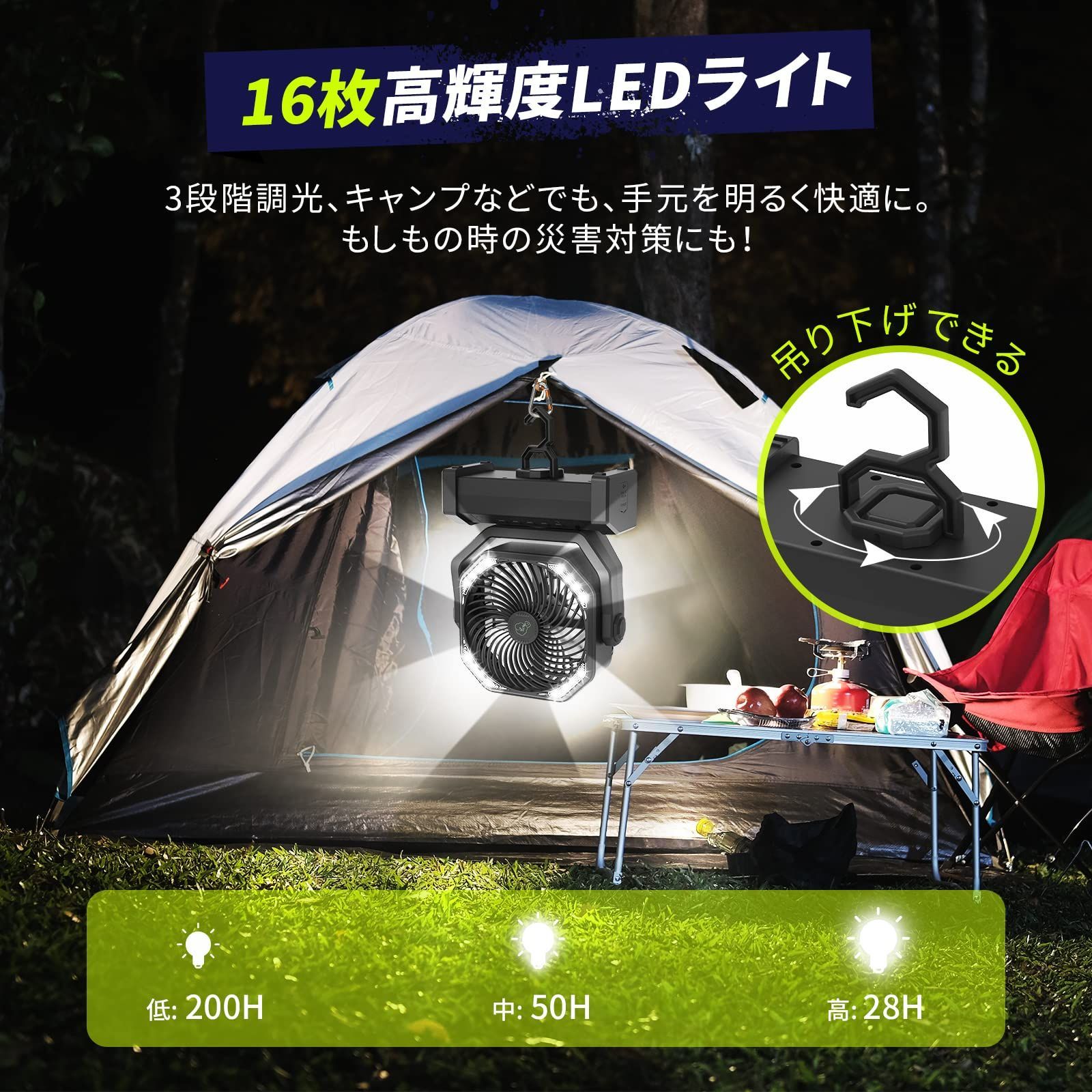 大人気商品 自動首振りリモコン付き 風量4段階調節 16枚高輝度LEDライト搭載 二重反転