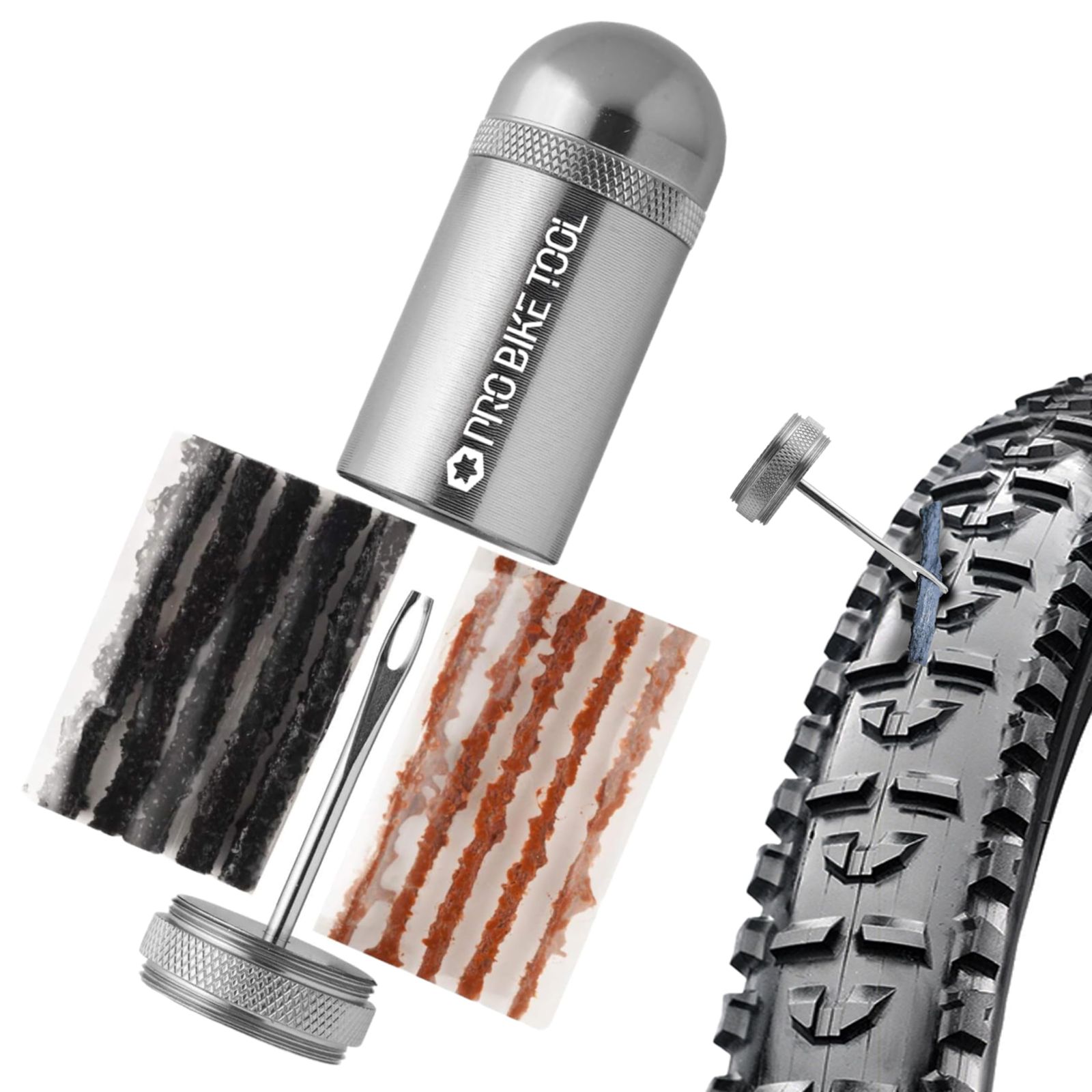 PRO BIKE TOOL チューブレスバイクタイヤ修理キット – MTBおよびロード自転車タイヤ用 – パンクまたはフラットを修正 – タックルセットには ストレージキャニスター プラガーツール プラグが含まれています - ベーコン5個とブラックストリップ