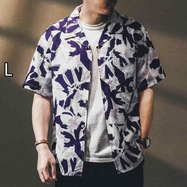 L 秋冬 コーデ メンズ 服 シンプル ファッション オシャレ 大人 かっこいい 大きいサイズ ストリート 紳士服 アメリカン レトロ ボタン ネック 花柄 シャツ シア サッカー ハワイアン ビーチ バカンス バケーション 半袖 カジュアル