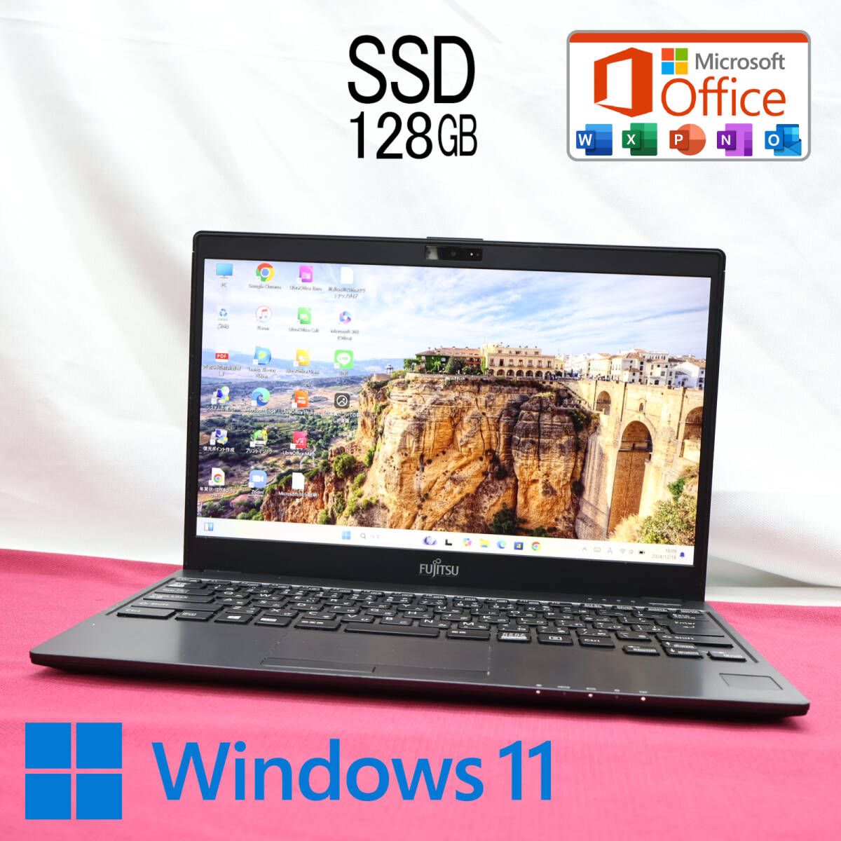 超美品 SSD128GBFMV LIFEBOOK C07007 Webカメラ Bluetooth 高解像度 Celeron 3865U Win11 MS Office 中古品 ノートパソコンP83116