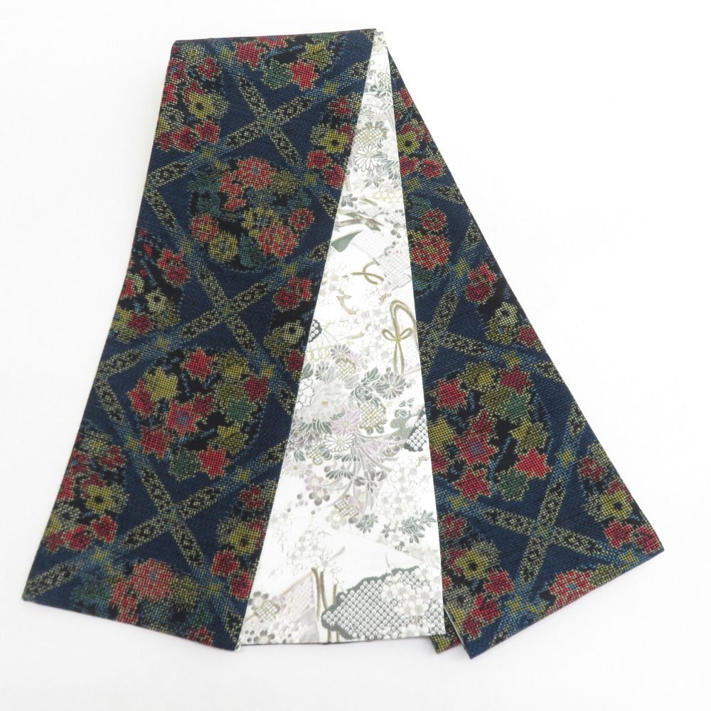 リバーシブル半巾帯 正絹 巾:約15.5cm×長さ:約380cm 紬×小紋 紺色×茜色