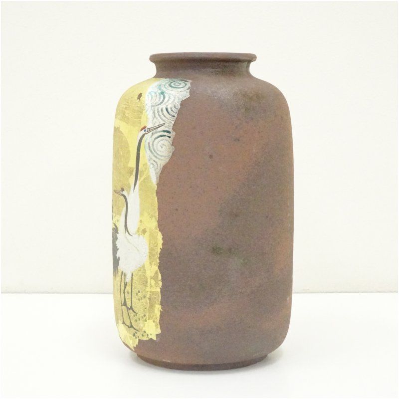 A638 九谷焼 谷敷正人 扁壺花瓶 花入 雅彩 千羽鶴紋 金彩 共箱