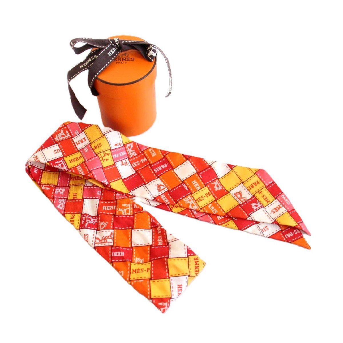 HERMES エルメス ツイリー ボルデュック チェック シルク100％ レッド