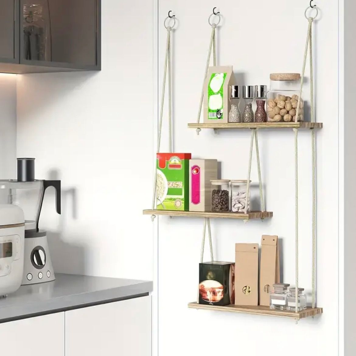 収納ラック 吊り下げ式 ボヘミアンスタイル 三層構造 壁掛け収納 ホームデコレーション用 室内装飾バスケット リビング バスルーム キッチン オフィス ベッドルーム対応 木製デザイン ナチ