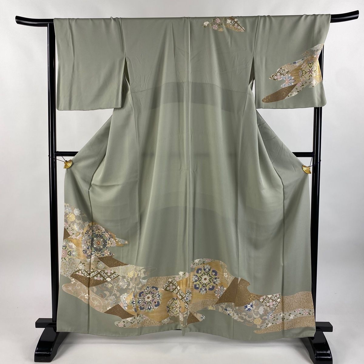 訪問着 身丈162.5cm 裄丈67cm M 袷 華文 霞 金糸 金彩 灰緑 正絹 秀品