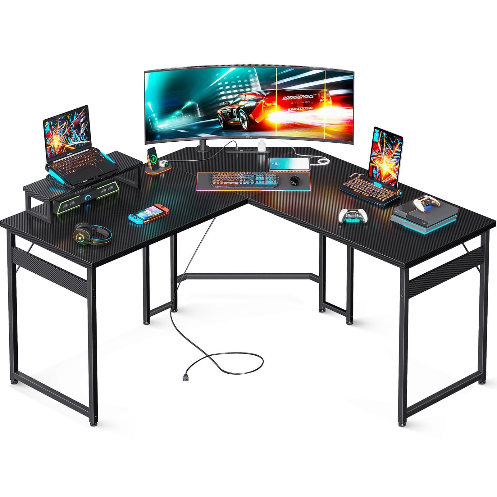 L字型 ゲーミングデスク デスク 机 幅128*128 パソコンデスク コンセント付き pcデスク モニター台付き l字デスク オフィスデスク 組立簡単 勉強机 AODK 在宅勤務 学習机 カーボンブラック