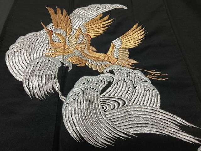 平和屋着物□豪華黒留袖 総刺繍 立波飛鶴文 金銀糸 正絹 逸品
