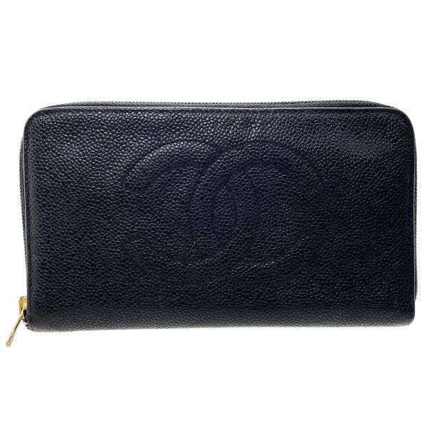 シャネル 長財布 ココマーク ラウンドファスナー長財布 キャビアスキン レザー 革 ブラック 黒 CHANEL CC 財布 ロングウォレット ウォレット サイフ