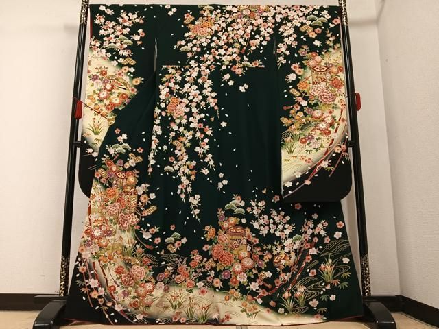 平和屋着物●豪華振袖 刺繍 貝桶花文 暈し染め 金彩 京都きもの友禅扱い 正絹 AABB3630ph