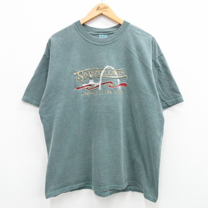 XL/古着 半袖 ビンテージ Tシャツ メンズ 00s セントルイス 刺繍 コットン クルーネック 緑系 グリーン 24feb13 中古
