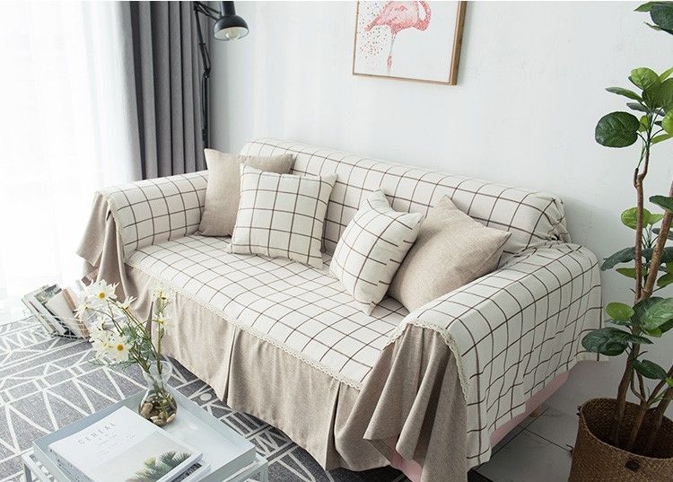 ソファカバー 太めのチェック柄×無地 レース 北欧風 カントリー調 2人掛け用 (ベージュ)