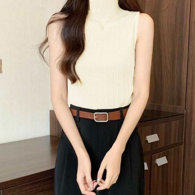 プリーツ タンクトップ レディース ハイネック ノースリーブ Tシャツ ニットトップス ストレッチ トップス ハイネックニット レイヤード シンプル 春 夏 全 サマーニット XS S M L X fdc 3476