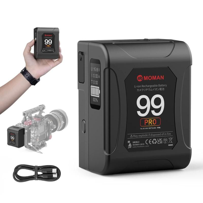 Vマウントバッテリー 99Wh|6875mAh Moman Power 99 Pro 14.4V ミニVマウントバッテリー D-TAP|USB-C|A出力付き 200W|15A ディスプレイ付き バ