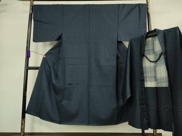 平和屋着物 上 男性 お召 アンサンブル 濃藍色地 ♥ DZAA9207kh5