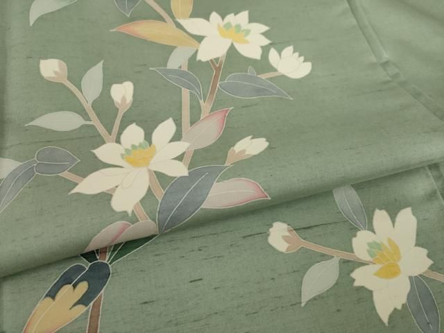 平和屋着物●本加賀友禅作家　成竹登茂男　訪問着　白山紬地　枝花文　正絹　逸品　AAAZ4848ck 平和屋着物○本加賀友禅作家 成竹登茂男 訪問着 白山紬