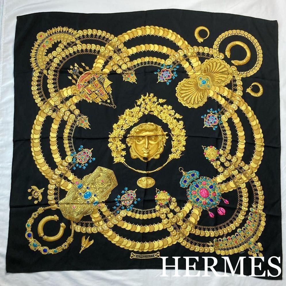 HERMES スカーフ シルク カレ90 宇宙 KOSMIMA 黒 金-