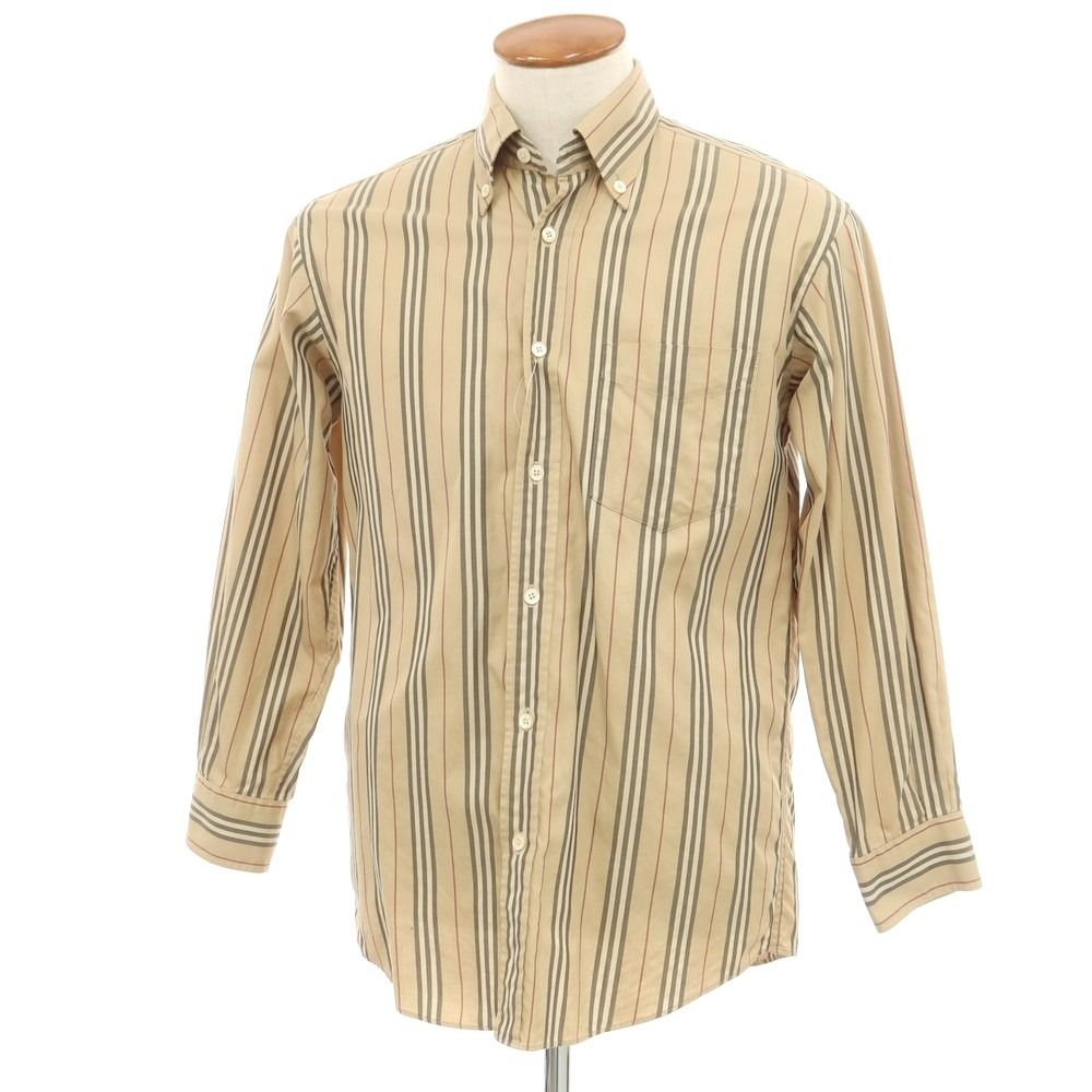 【中古】バーバリーロンドン BURBERRY LONDON コットン ストライプ ボタンダウン カジュアルシャツ ベージュxブラック【サイズM】【メンズ】