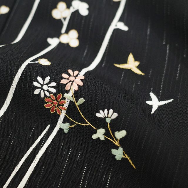 D256 夏着物　訪問着　黒地　刺繍　絽　正絹　極美品 D256 夏着物 訪問着 黒地 刺繍 絽 正絹 極美品
