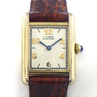 カルティエ Cartier 腕時計 マスト タンク SM W1008354 エミリ ドゥーブルC ロゴパターン レクタンギュラー アイボリー文字盤 SV925 GP ブラウン クロコダイルレザーベルト クオーツアナログ