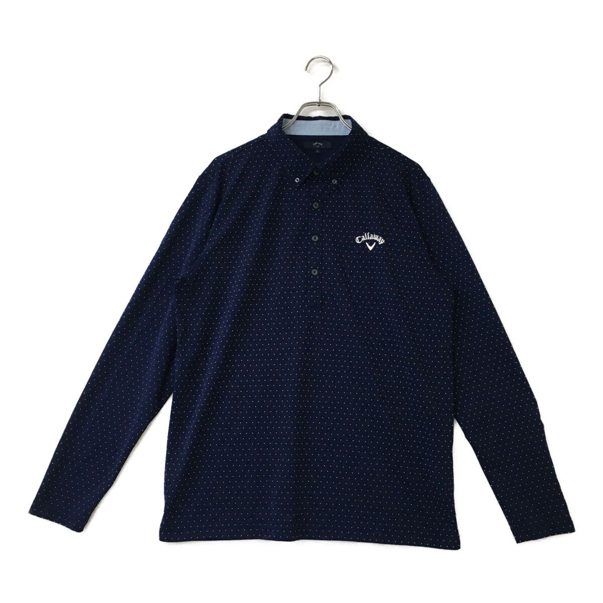 中古 メンズ キャロウェイ Callaway 長袖ポロシャツ 3L 紺 ネイビー ボタンダウン 水玉 大きい